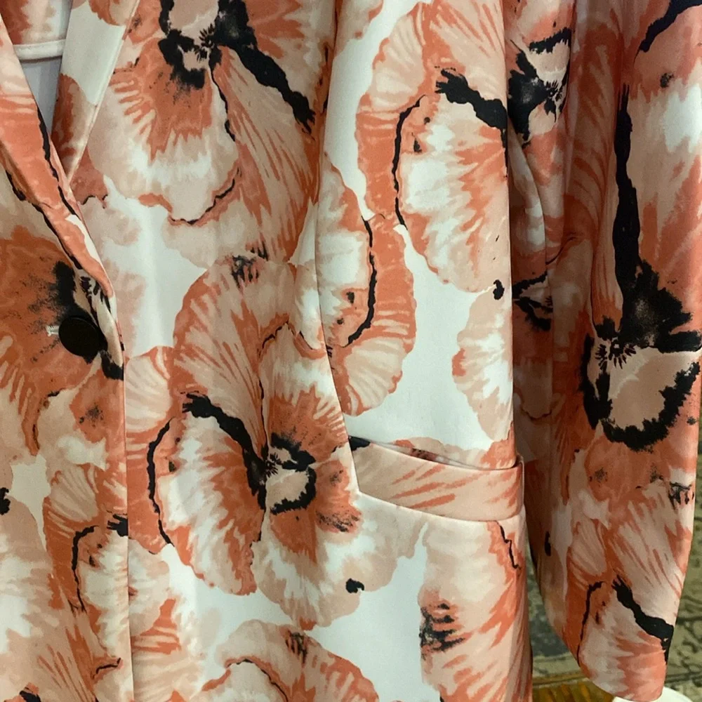 Alfani Womens XL Pink White Modern Pansy Print Pockets Long One Button Jacket - Picture 2 of 6